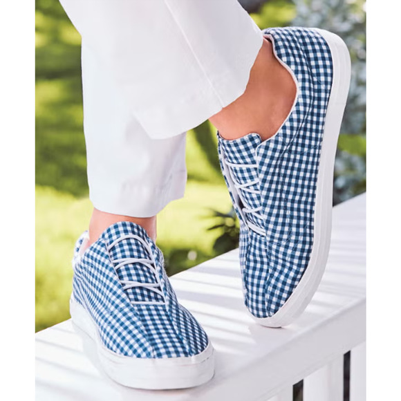 Comfortview Sz 9WW Slip-On Sneakers Navy Gingham Bungee Elastic Casual Flats - Picture 8 of 8